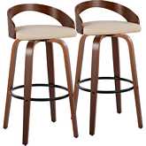 Grotto 30" Swivel Bar Stool in Walnut Wood & Cream Leatherette with Black Footrest (Set of 2)